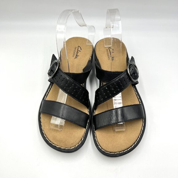 Clarks Womens Size 8 Black Leather Slip On Slides Comfort Sandals Shoes - Picture 2 of 13